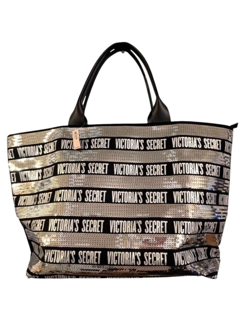 Victoria's Secret Black and Gold Sequin Logo Tote Bag